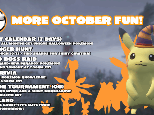 Pikachu is wearing a Halloween witch hat. A list provides many of the events available for the current week.